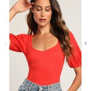 My Direction Red Smocked Puff Sleeve Bodysuit